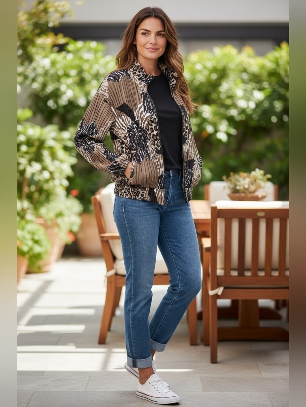 Women's Mixed Animal Print Bomber Jacket in Brown